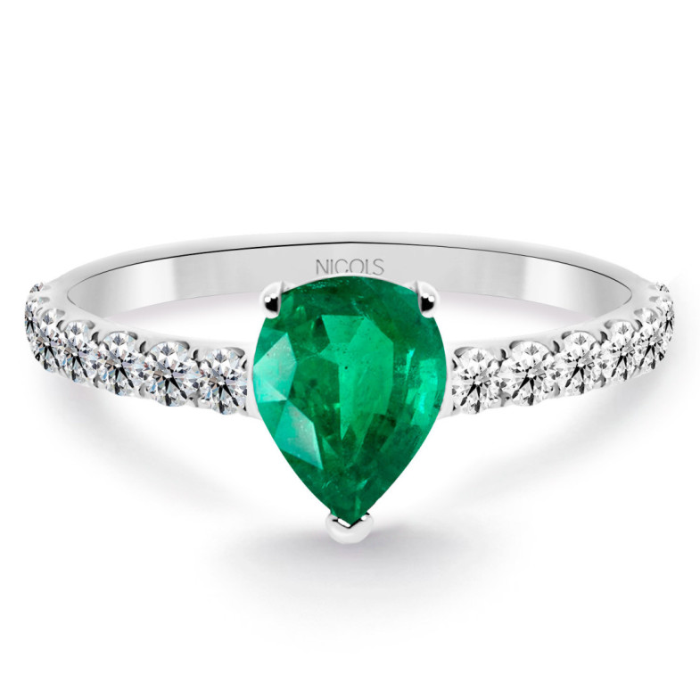 Anillo pera Lolita Esmeralda y Diamantes 0.85 Oro Blanco - RINGE