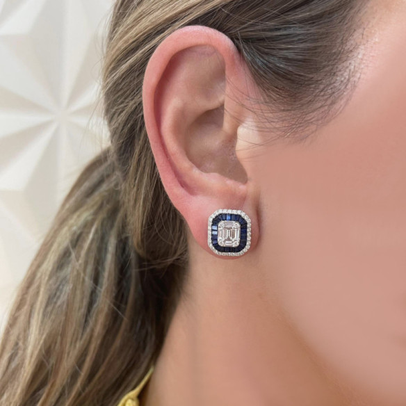 Pendientes Diamantes Zafiros Sello Square - Alta Joyería