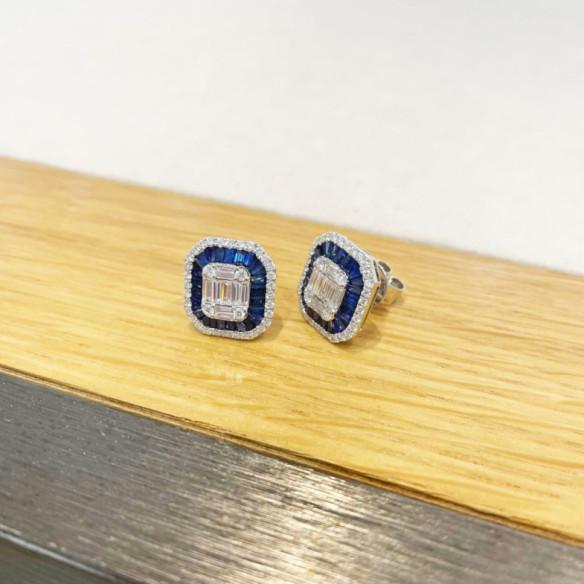 Pendientes Diamantes Zafiros Sello Square - Alta Joyería
