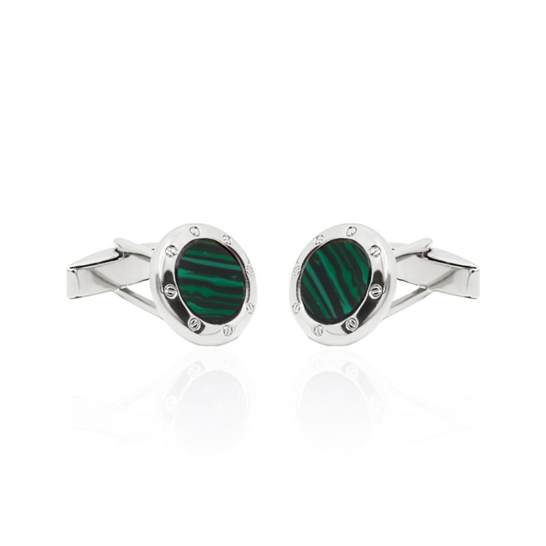 Round Silver Green Malachite Cufflinks - Wedding twins