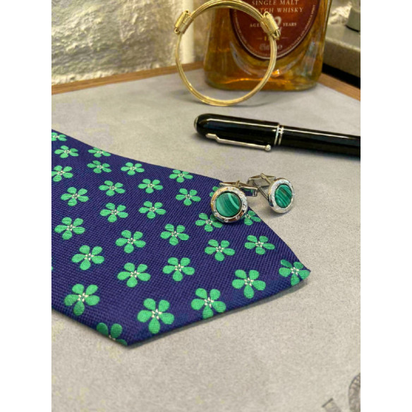 Round Silver Green Malachite Cufflinks - Wedding twins