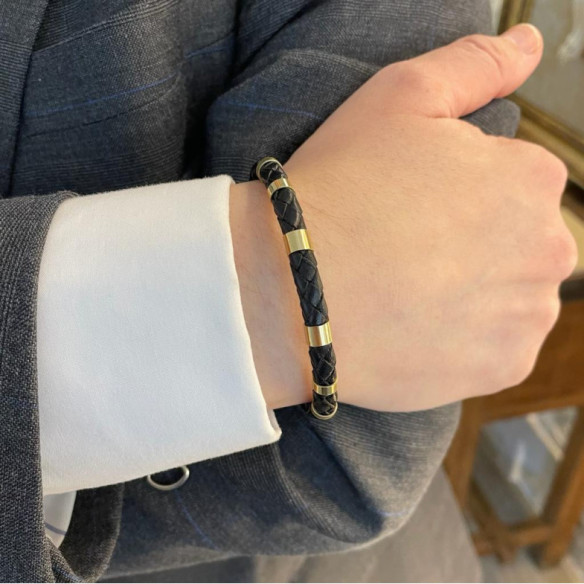 Pulsera Hombre Cuero Oro Plata Teseo 6mm - Mannarmbänder