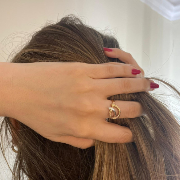 Anillo Oro Escultural Fina Onda Latigo Concava Oro Rosa y Blanco - Bagues d'or sans pierres