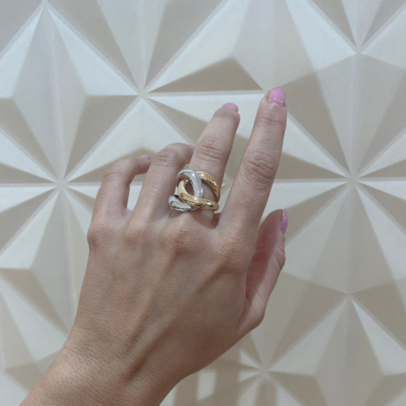 Anillo Oro Escultural Doble Banda Nudo Oro Amarillo y Blanco - ANILLOS