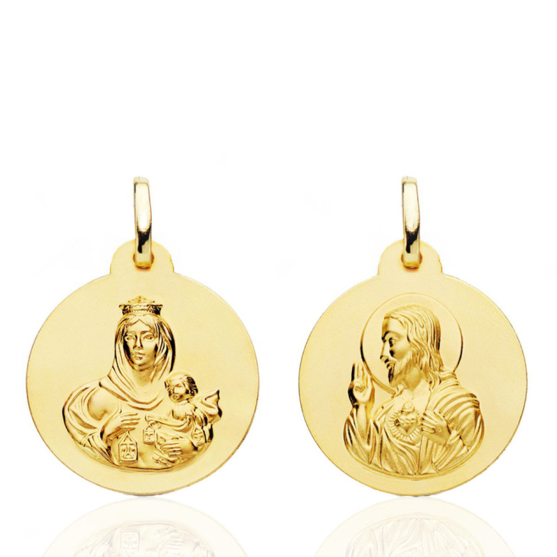 Escapulario 20mm Virgen del Carmen y Corazón de Jesús 18K - Medallas Escapularios