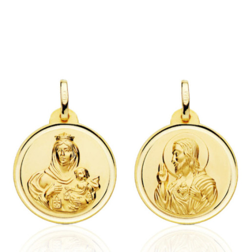 Escapulario 20Mm Virgen Del Carmen Y Corazón De Jesús Bisel 18K - Medallas Escapularios