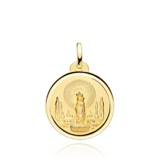 Medalla Virgen Del Pilar Bisel Liso 20mm 18K - Bautismo y joyería de primera comunión