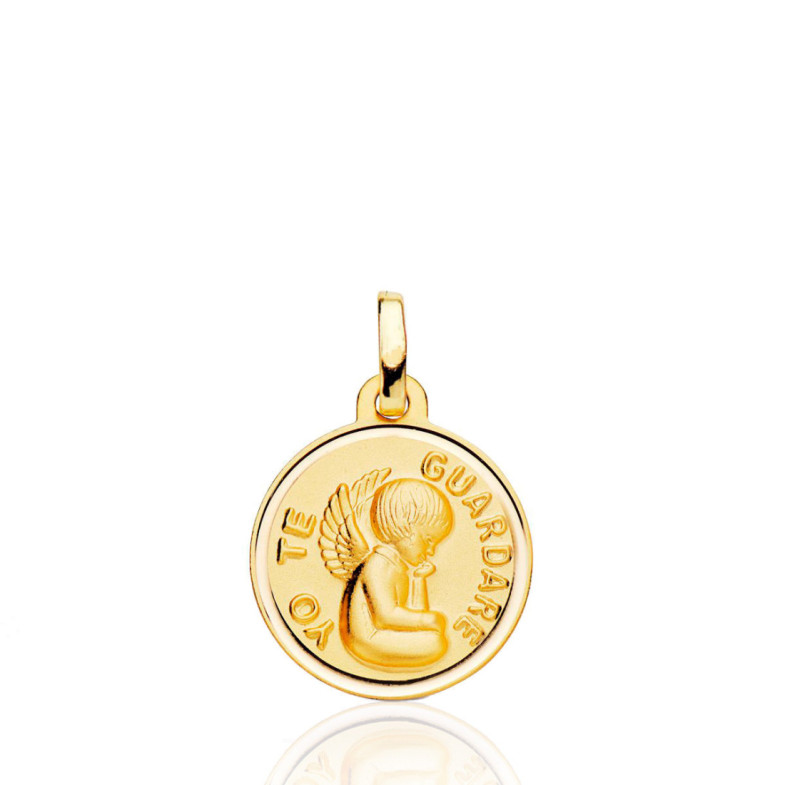 Medalla 16Mm Angel De La Guarda Bisel Liso 18K - Medallas de Ángeles