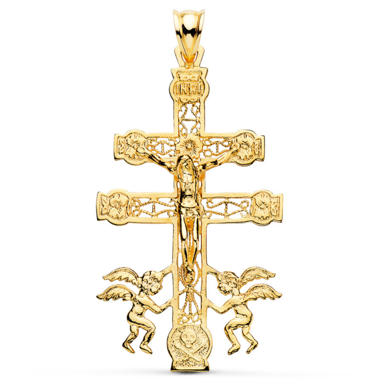 Cruz de Caravaca Oro Hombre 18K 49x27mm Grabado - Colgantes de Hombre