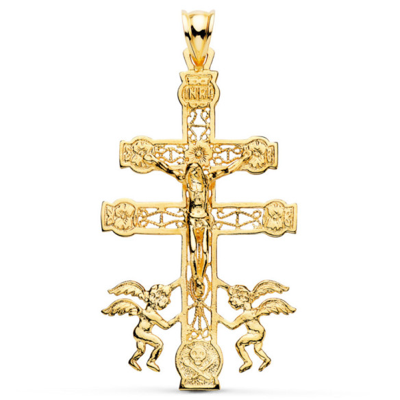 Cruz de Caravaca Oro Hombre 18K 49x27mm Grabado - Colgantes de Hombre