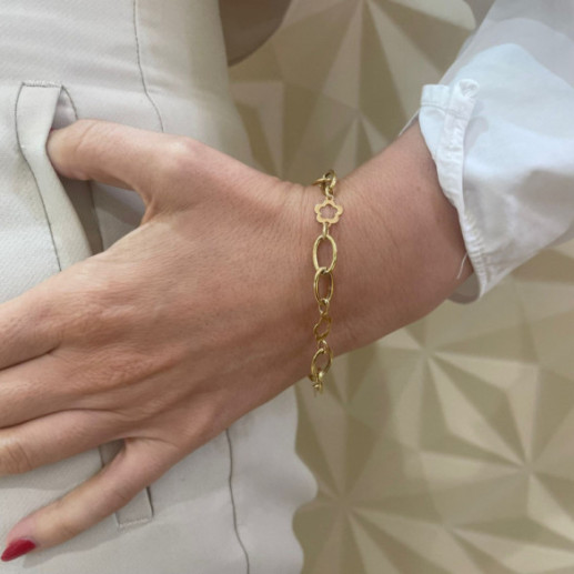Pulsera Oro Amarillo Eslabones Flor Hueca - Pulseras de Oro Sin Piedras 2
