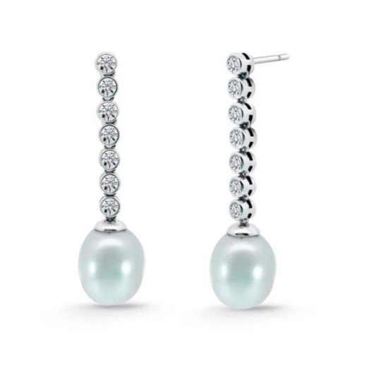 Pendientes Novia Perla y Diamantes Serenidad Chatones 0.75 Oro Blanco - Brincos de noiva