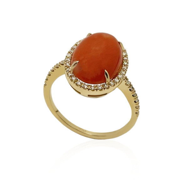 Coral Oval RED VELVET Ring 15X12MM - Yellow Gold Modern Rings
