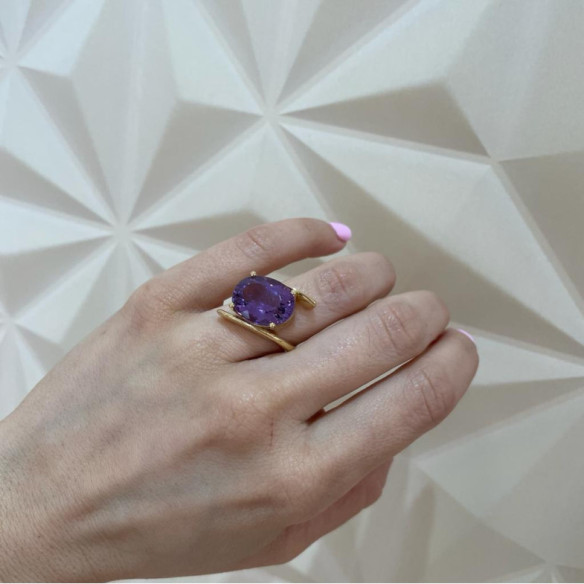 Yellow Gold Amethyst Ring BIGTONE PLANE - Rings other precious stones