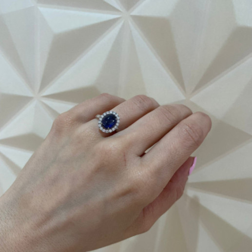 Cabochon Sapphire Ring 2.85ct White Gold SUNRISE OVAL - Anniversary Rings