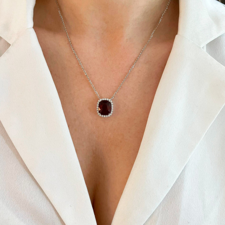 Garnet Necklace 6.90ct White Gold SUNSET SQUARE - Red Stone Necklaces
