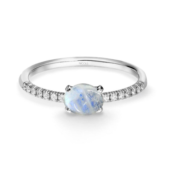 Anillo Piedra de Luna Delphina Diamantes Oro Blanco - Bagues Autres pierres précieuses