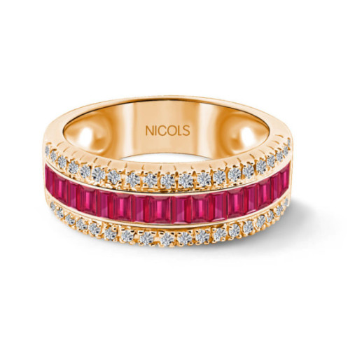 Anillo Rubíes y Diamantes Baguette Amelia 0.30 Oro Rosa - ANELLI