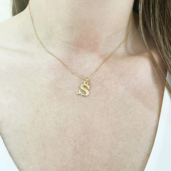 Collar Inicial S Dot Diamond - Lettres de diamant d'or initiales
