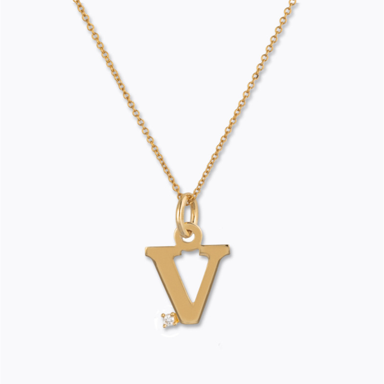 Initial V Necklace DOT DIAMOND - Initial Gold Diamond Letters