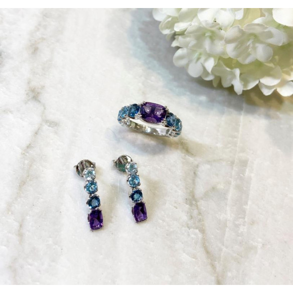 Pendientes Oro Amatista Topacio Rainbow - Pendientes de Piedras Azul