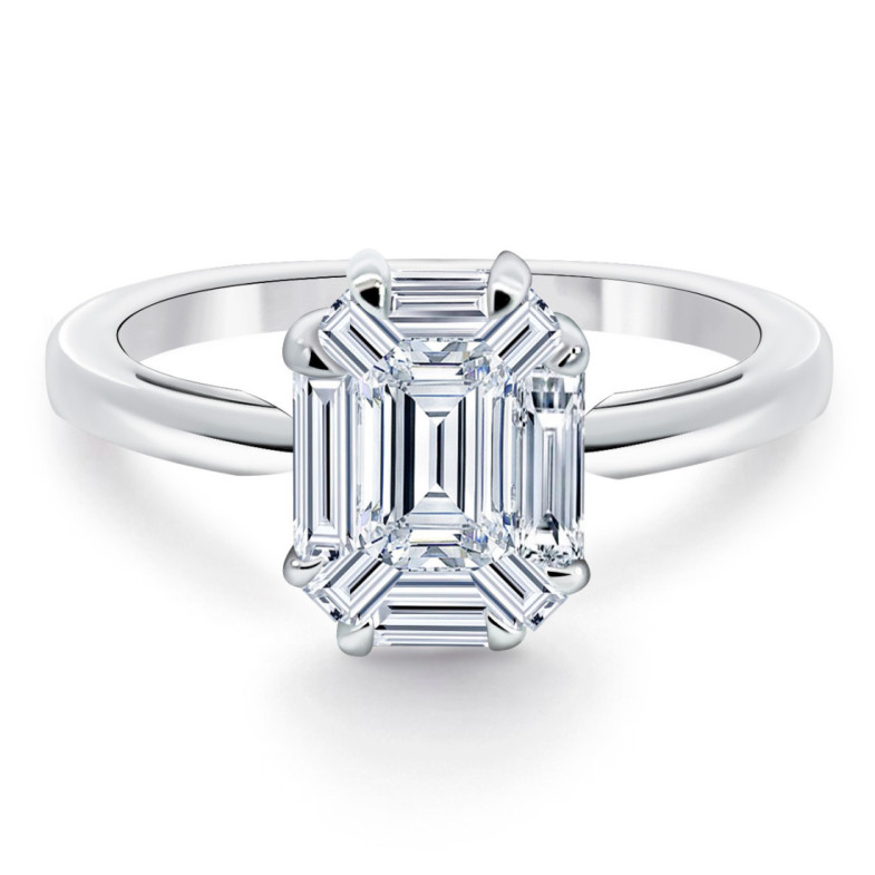 0.70 Ct Emerald Cut Diamond Engagement Ring Vrait White Gold - Carving baguette