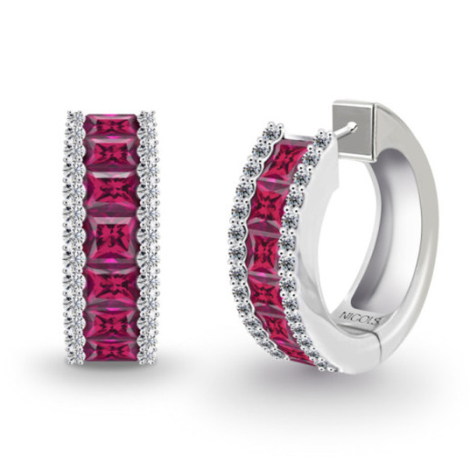 Pendientes Aro con  Zafiros Rojos y Diamantes Princess - Pendientes Otras Piedras de Colores
