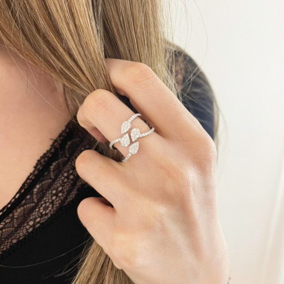 Anillo de oro blanco y diamantes doble brazo Aura - Anéis de diamante