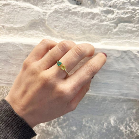 Green Quartz and Lemon Quartz Diamond Ring TRILLON - Rings other precious stones
