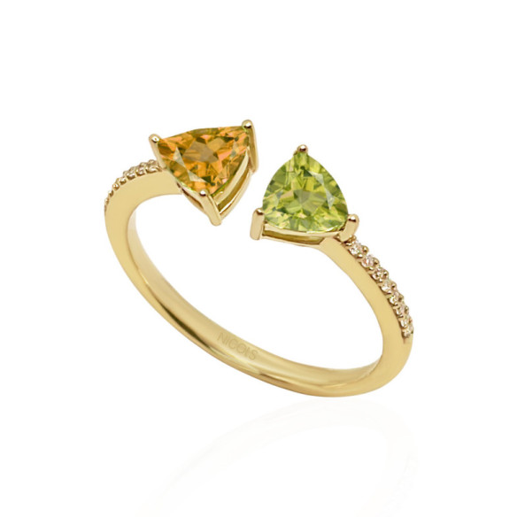 Citrine and Lemon Quartz Diamond Ring TRILLON - Rings