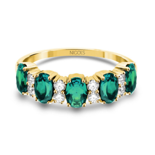 Yellow Gold Ring, Oval Emeralds and Diamonds Riviere Royal - Rings Color Stones