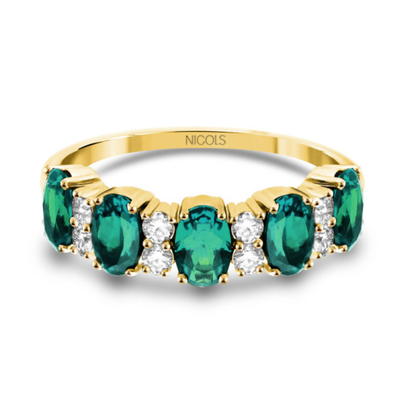 Anillo Oro Amarillo, Esmeraldas Ovales y Diamantes Riviere Royal - Anillos Piedras Color