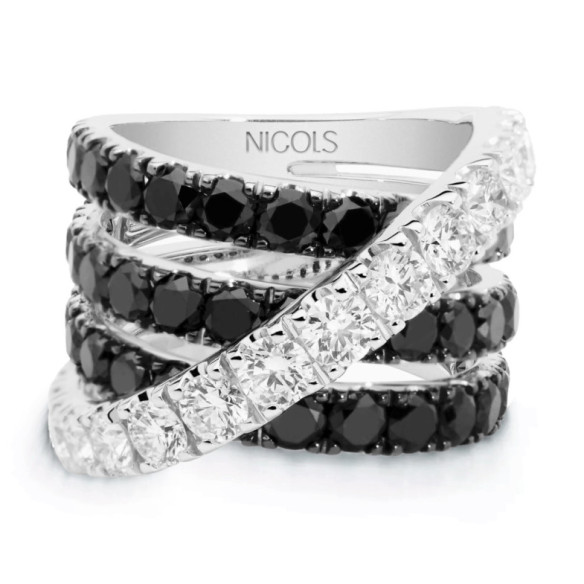 Anillo cruzado de oro blanco con diamantes blancos y negros - Alti gioielli