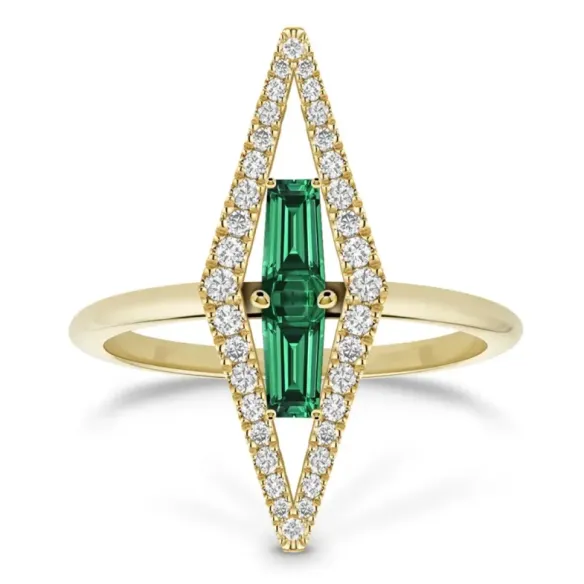 Anillo Cuarzos Verdes en Oro Amarillo y Diamantes Prisma - Bagues de pierres de couleur