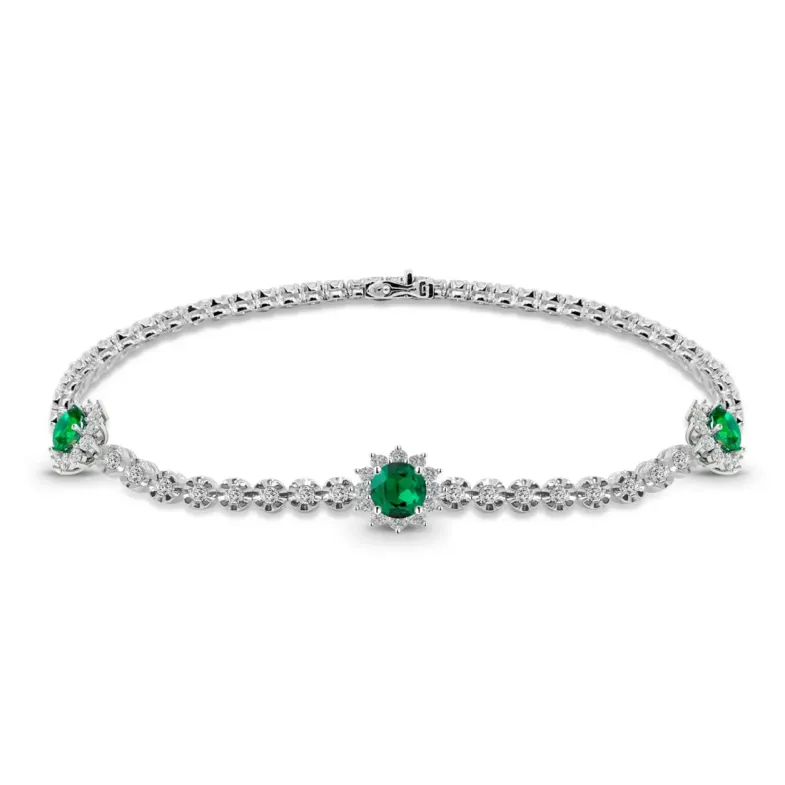 Pulsera Riviere de Oro Blanco con Esmeraldas y Diamantes - Pulseras Piedras Color