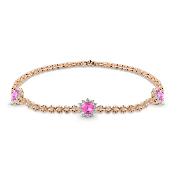 Pulsera Riviere de Oro rosa con Zafiros rosas y Diamantes - Steine Farbarmbänder