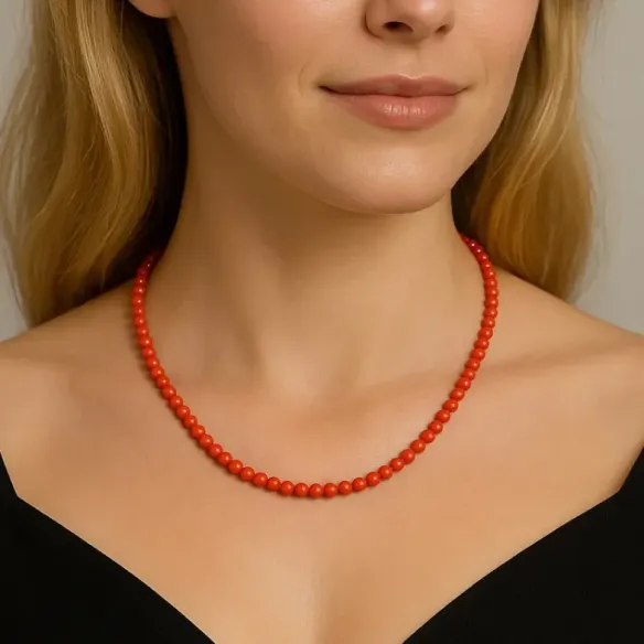 Natural coral and yellow gold ball necklace. - Red Stone Necklaces