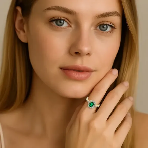 Sunset Rectangle Emerald Ring 0.75Ct Yellow Gold - Green engagement rings