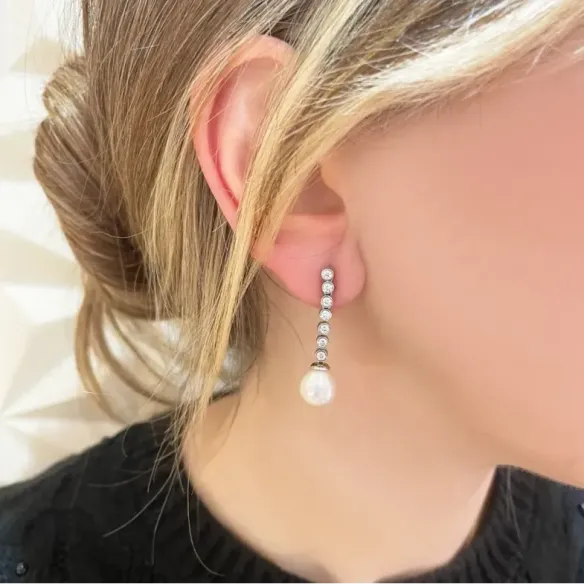 Pendientes Perla y Diamantes Serenidad Chatones 0.75 Oro Blanco - Pendientes de Perlas