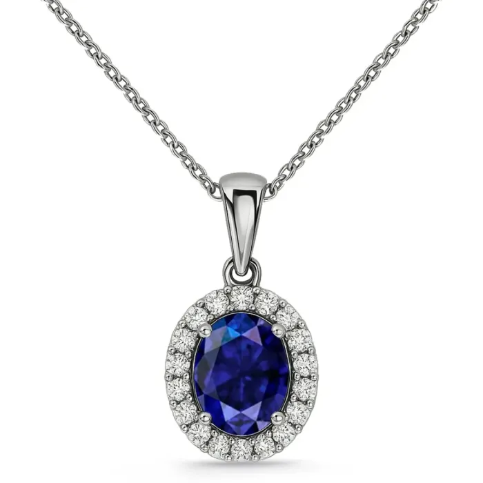 Colgante  Zafiro Oval 1,00 y orla de diamantes - Collane di pietre blu