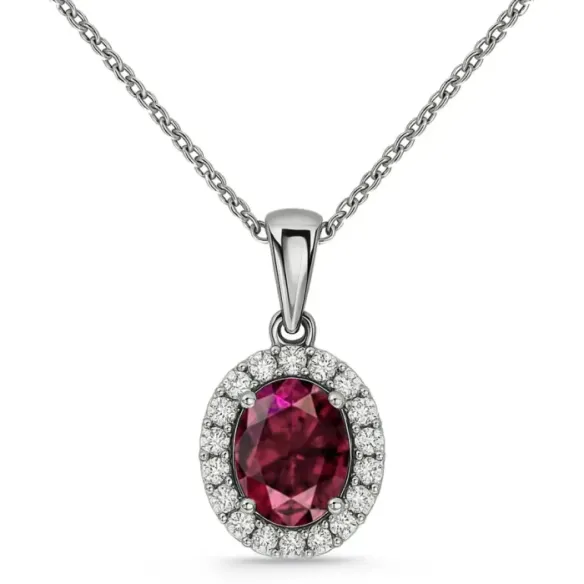 Oval Ruby Pendant 1.00 and diamond border - Red Stone Necklaces