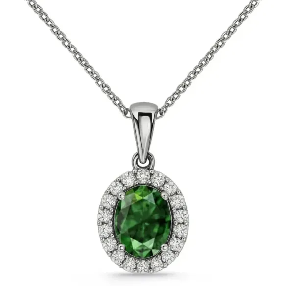 Colgante Esmeralda Oval 1,00 y orla de diamantes - Collares de Piedras Verdes