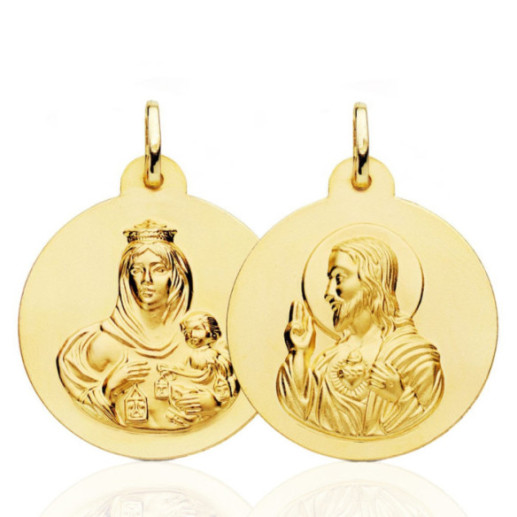 Escapulario 28mm Virgen del Carmen y Corazón de Jesús 18K - Medallas Escapularios
