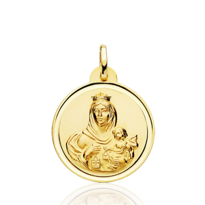 Medalla 24mm Virgen del Carmen Bisel Liso 18K - Medallas de Vírgenes
