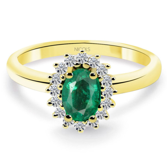 Anillo Esmeralda y Diamantes Oro Amarillo Dalia 0.50 - Anillos Compromiso Aniversario