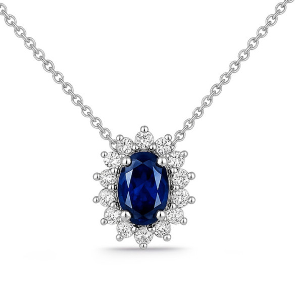 Collar Zafiro oval  y Diamantes Dalia Oro Blanco - Colgantes de Piedras Azul