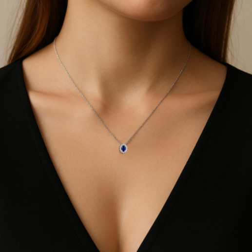 Collar Zafiro oval  y Diamantes Dalia Oro Blanco - Colgantes de Piedras Azul 2