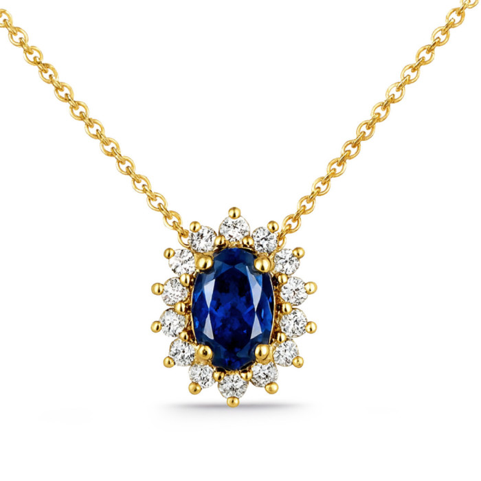 Collar Zafiro oval  y Diamantes Dalia oro amarillo - Colgantes de Piedras Azul