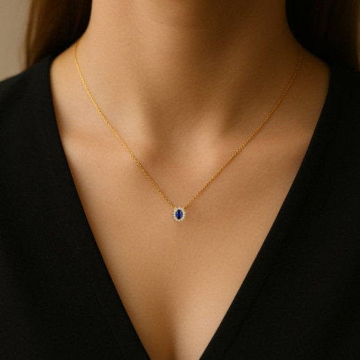 Collar Zafiro oval  y Diamantes Dalia oro amarillo - Colgantes de Piedras Azul 2