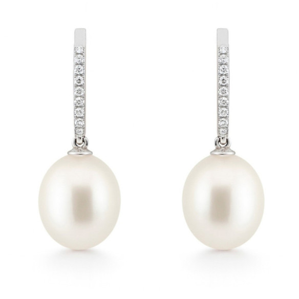 Pendientes Perla y Diamantes Oro Blanco Serenidad - Brincos de pérolas